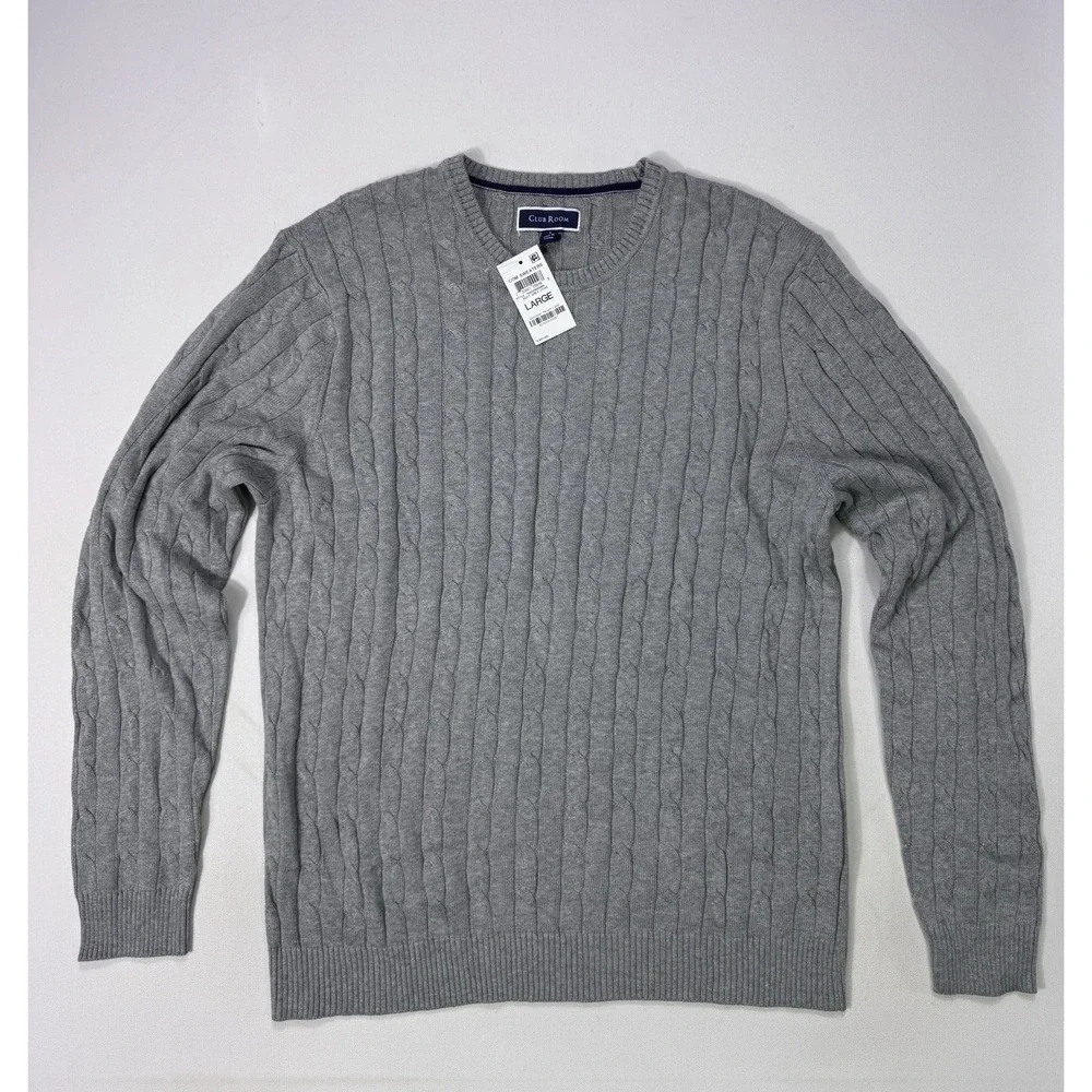 Club Room Mens Large Grey Cable-Knit Sweater NWT 100099695MN Cotton Pullover